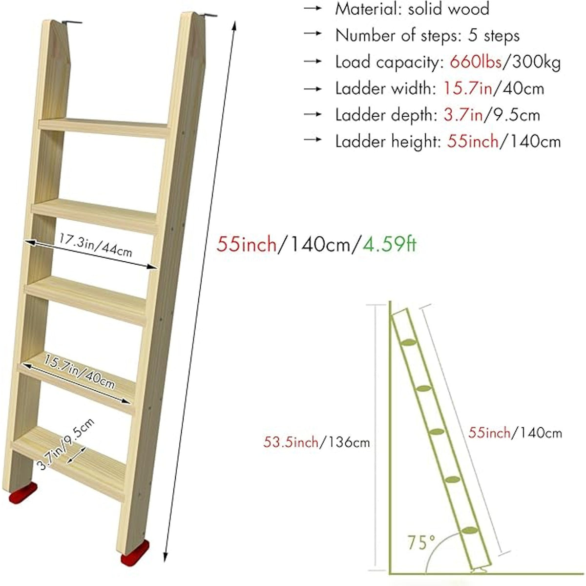 Wood Bunk Bed Ladder, Lofted with 4in Extra Wide Steps & Non-Slip Pads, Wood Color, 55in /140cm