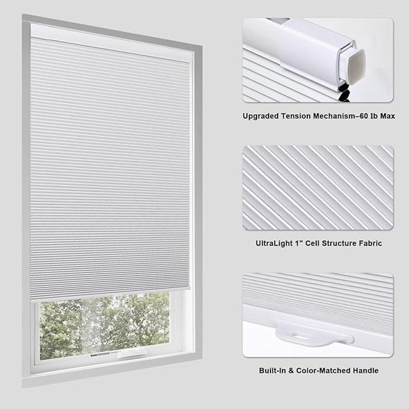 Tonature No Drill Cellular Shades for Indoor Windows, Cordless Blackout, White,59 1/2" W x 64"H