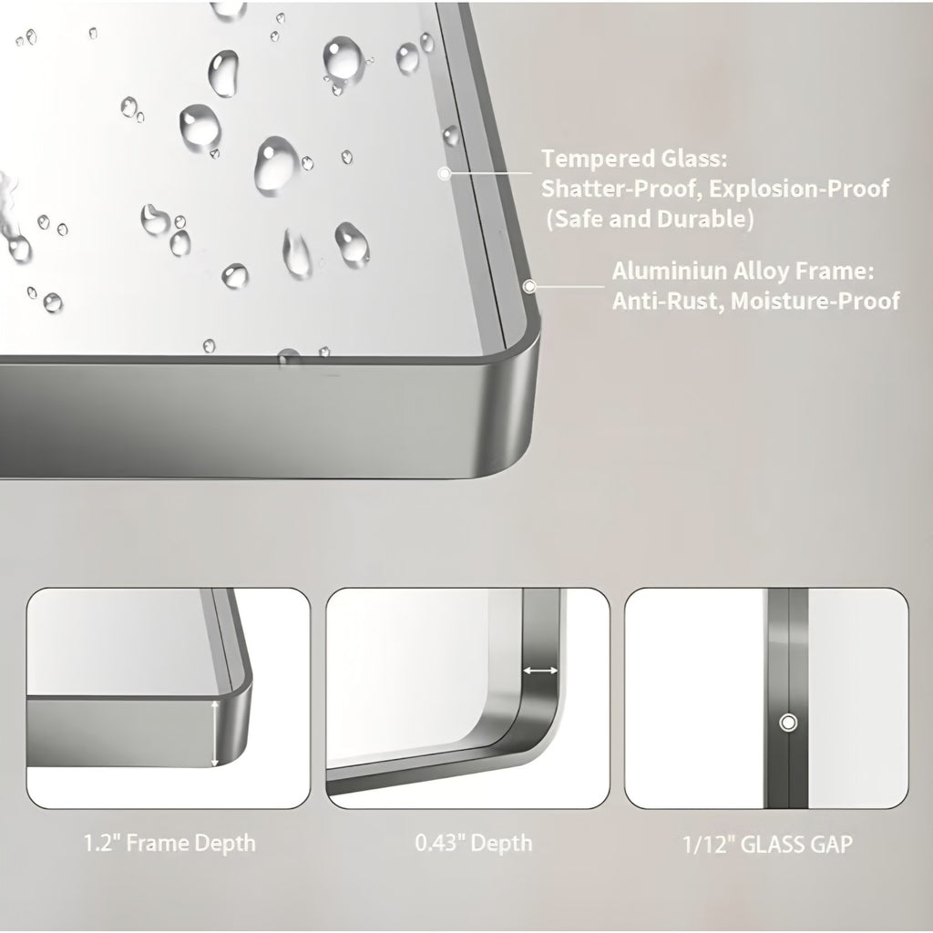 LOAAO 48X32 Inch Brushed Nickel Bathroom Mirror, Rounded Rectangle Silver Metal Frame Mirror