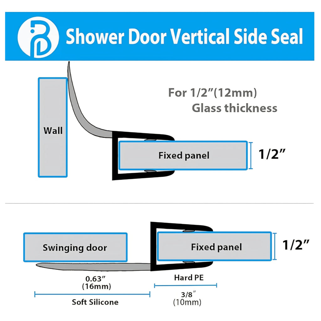 2-Pack Butecare Frameless Shower Door Side Seal Strip for 1/2" Glass Doors,