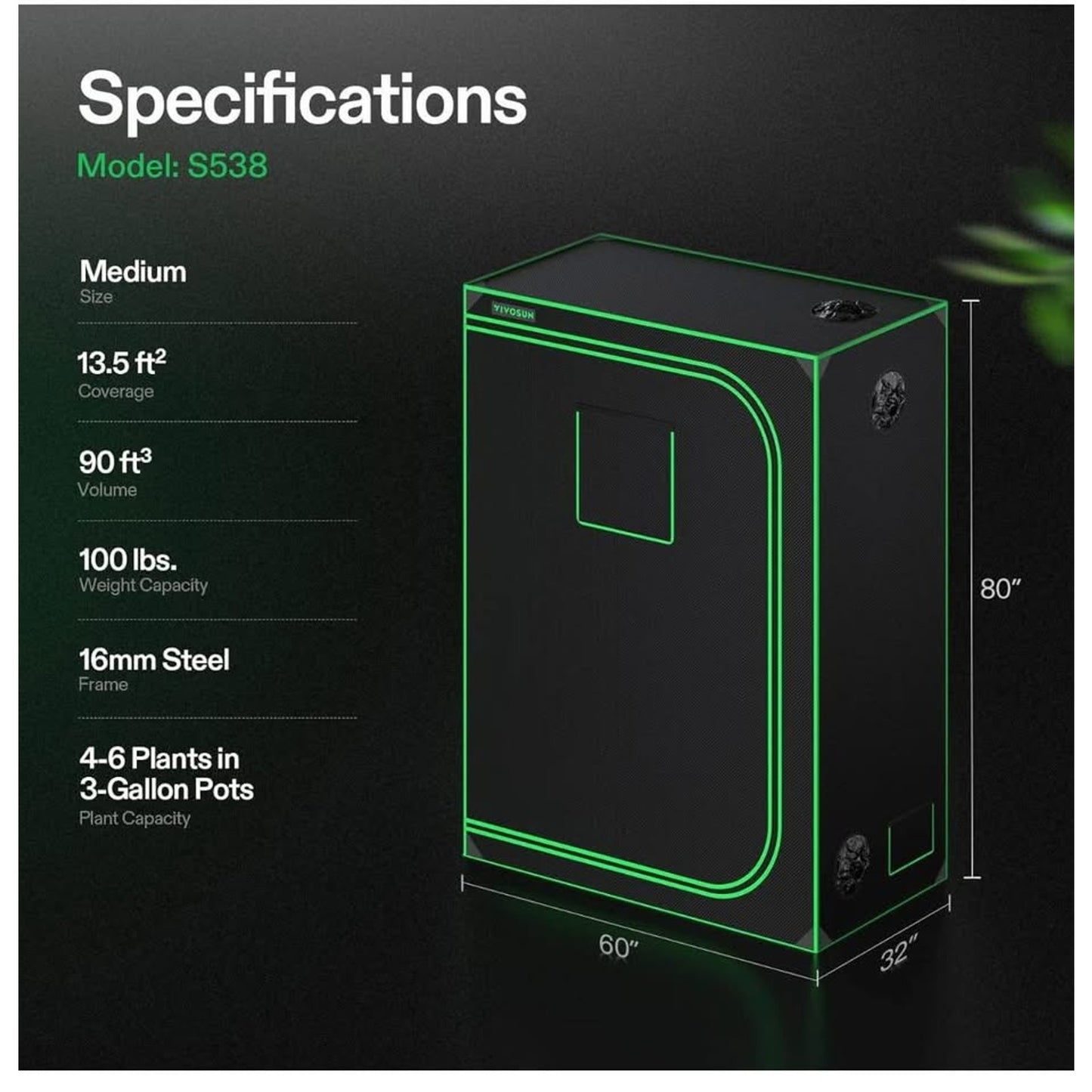 VIVOSUN S538 5x2 Grow Tent, 60"x32"x80" High Reflective Mylar with Observation Window and Floor Tray
