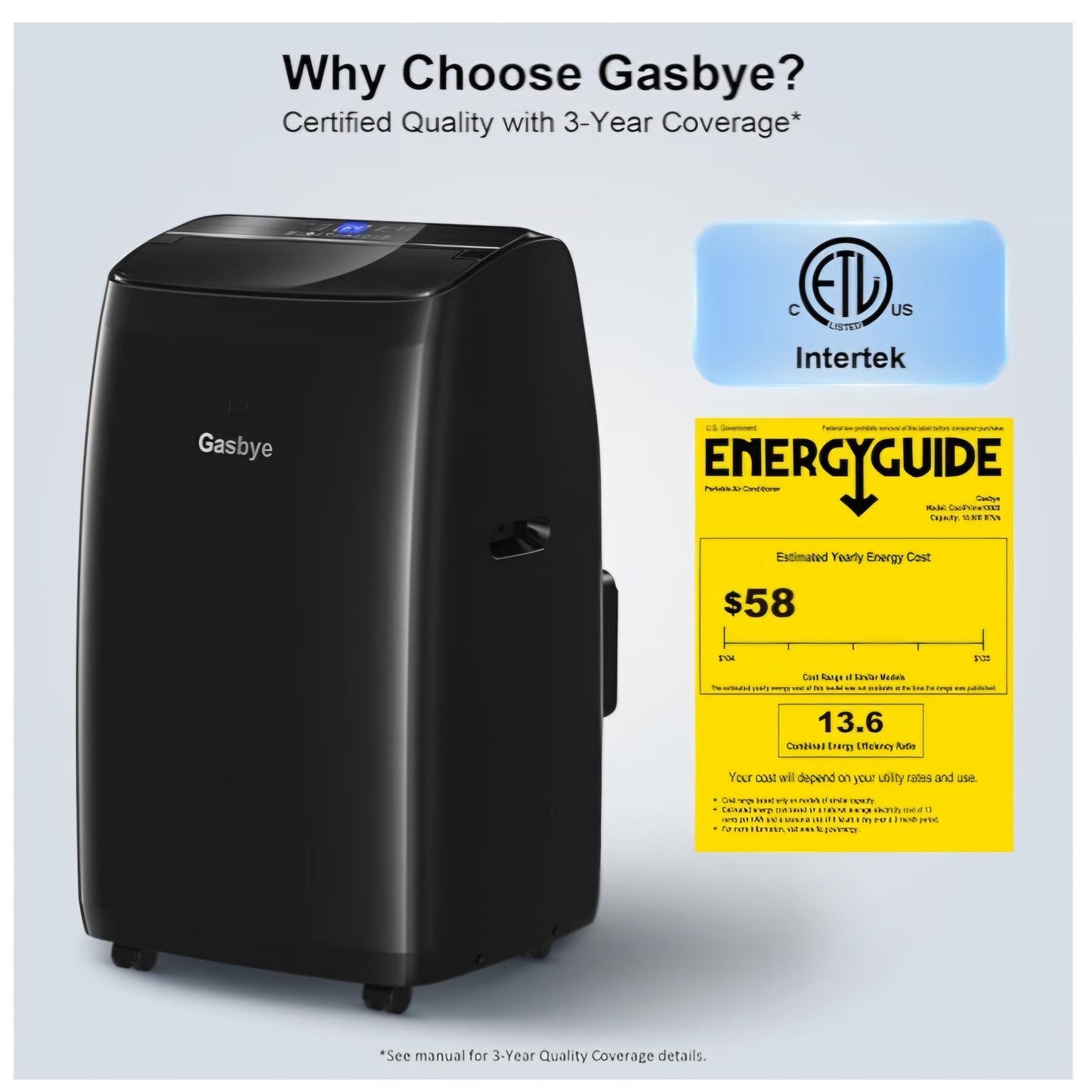Gasbye Dual Hose Portable Air Conditioner, [2026 Upgraded] 14,000BTU, Black