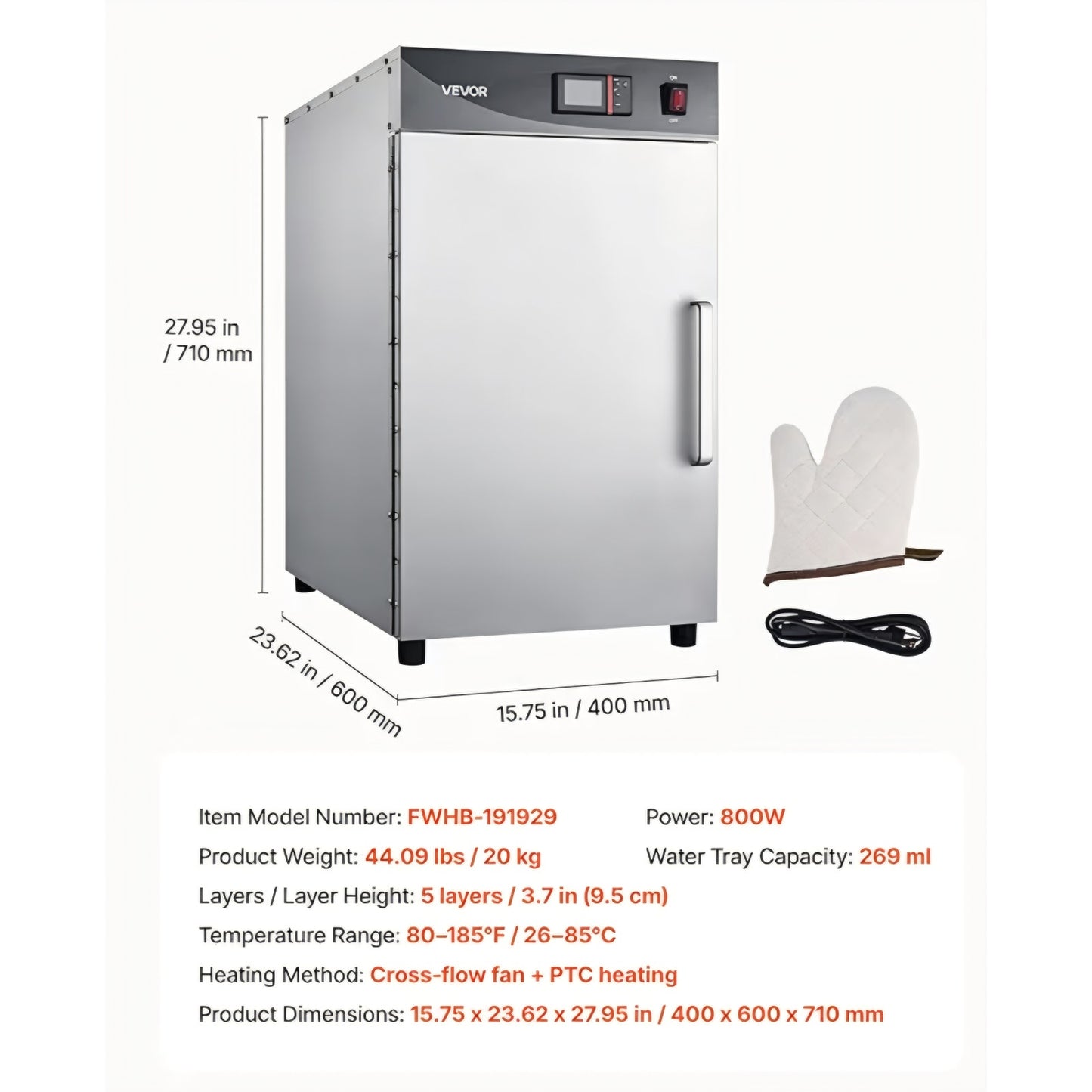 Electric Hot Box Food Warmer, 5-Tier Commercial Warming Cabinet with Water Tray