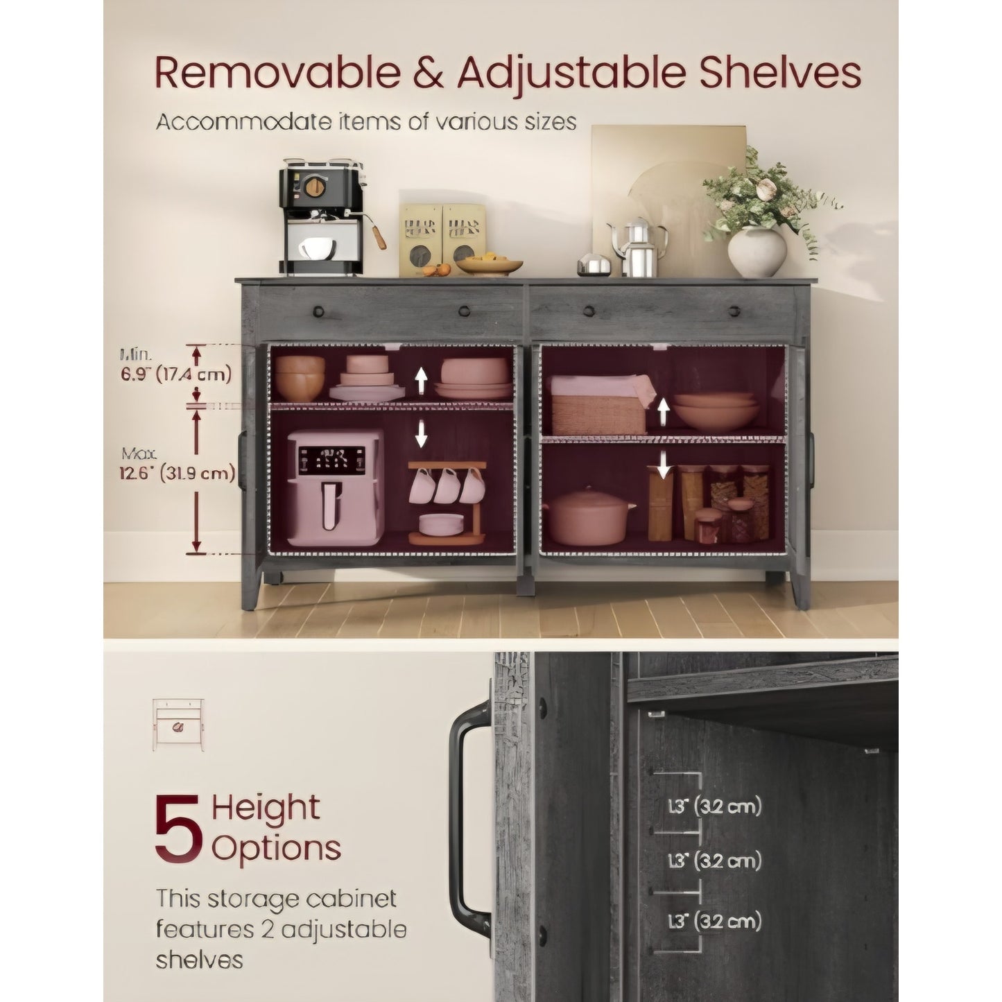 Buffet Cabinet, Coffee Bar Cabinet with 2 Drawers, Adjustable Shelves, Sideboard Storage