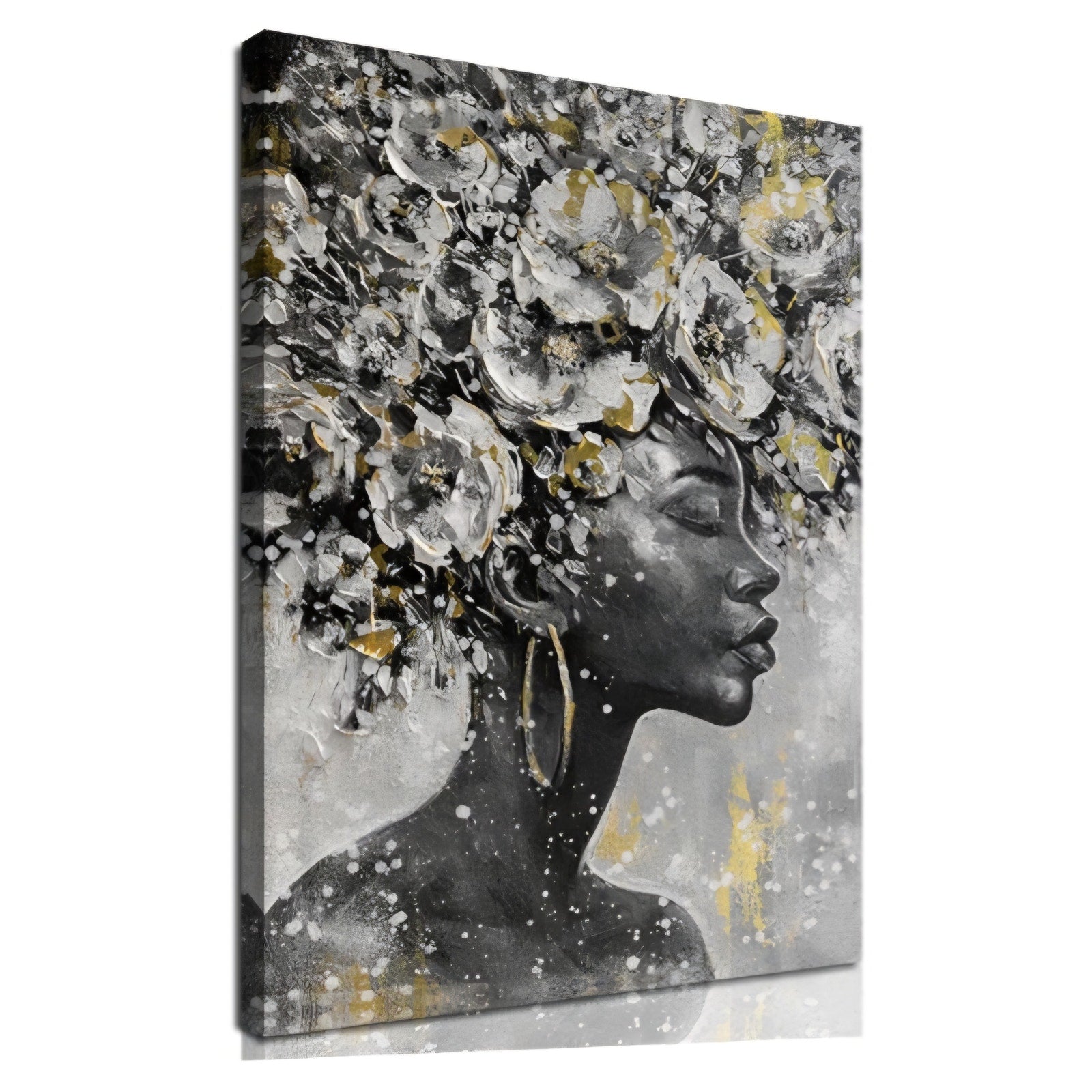 Large Gold Flowers Painting for Office African American Black Woman Portraits for Bedroom 40"x 60"