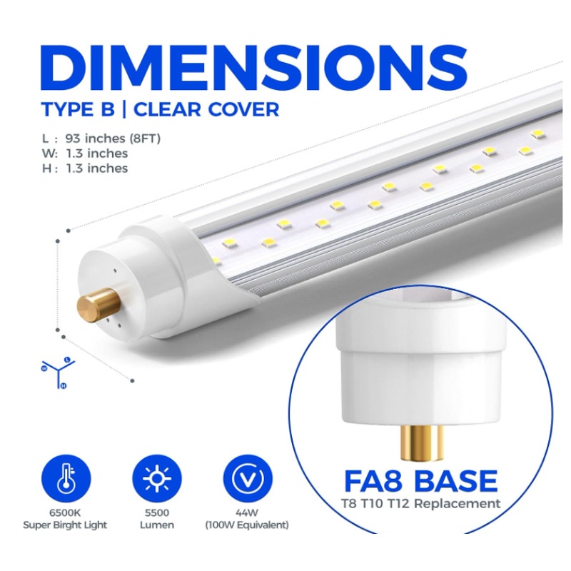 Barrina 8ft LED Bulb, 44W 5500LM 6500K, T8 T10 T12 LED Bulb, FA8 Single Pin Super Bright