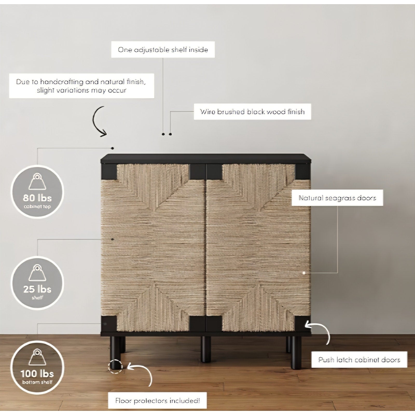 Accent Natural Sideboard Storage Cabinet in Wire-Brushed Wood with Adjustable Interior Shelf