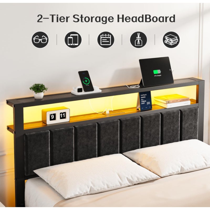 OLEVS Queen Size Bed Frame with LED Lights & Charging Station