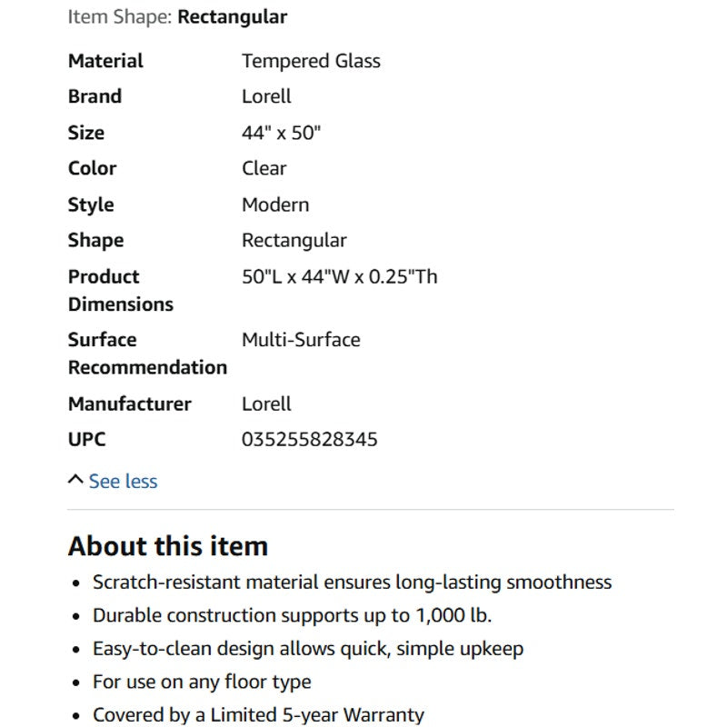 Lorell Tempered Glass Chairmat, 44" Width x 50" Depth x 0.25" Thickness, Clear, 1 Each.Rectangular