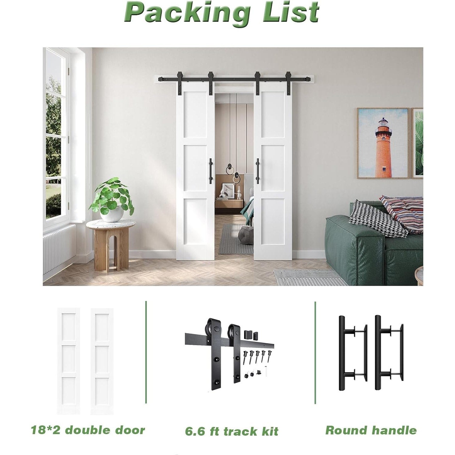 Fredbeck Double 18x84 inch White Barn Door with 6.6FT B, Hardware Kit Included, 36inch barn Door