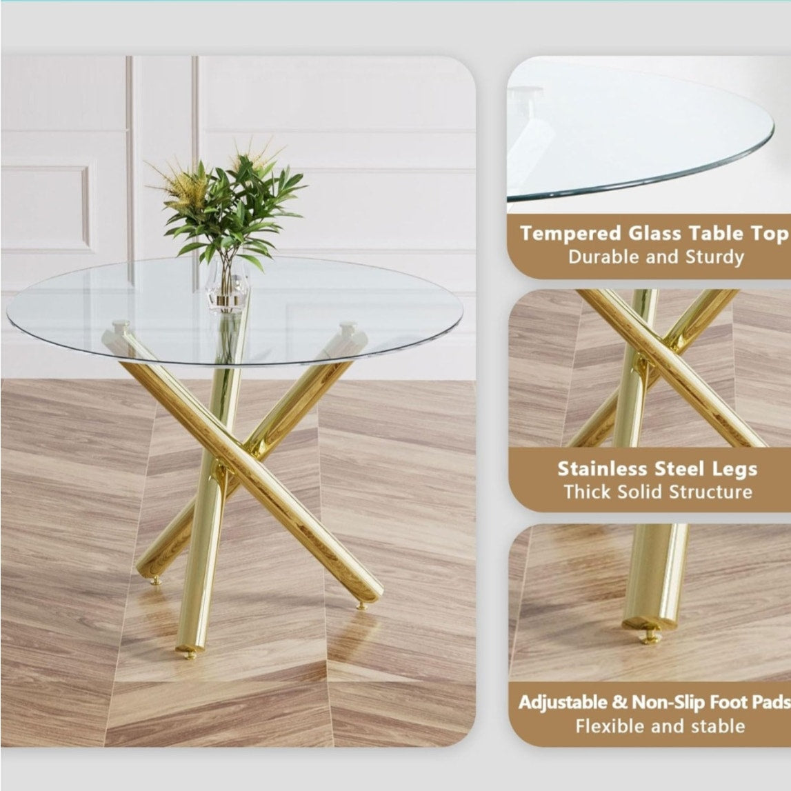 yeag 39 Inch Round Glass Dining Table for 4, Modern Dining Table with Clear Tempered Glass Tabletop