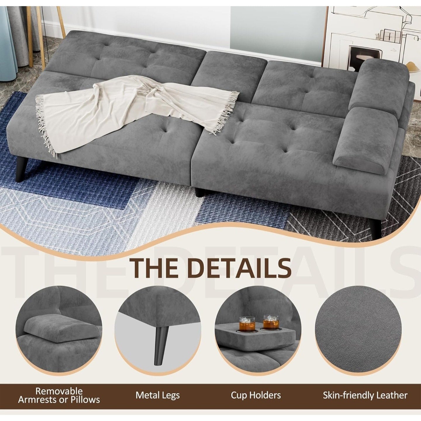 Shintenchi Futon Sofa Bed, Velvet Foldable Couch Reclining Sleeper w/Removable Armrests, Upholstered