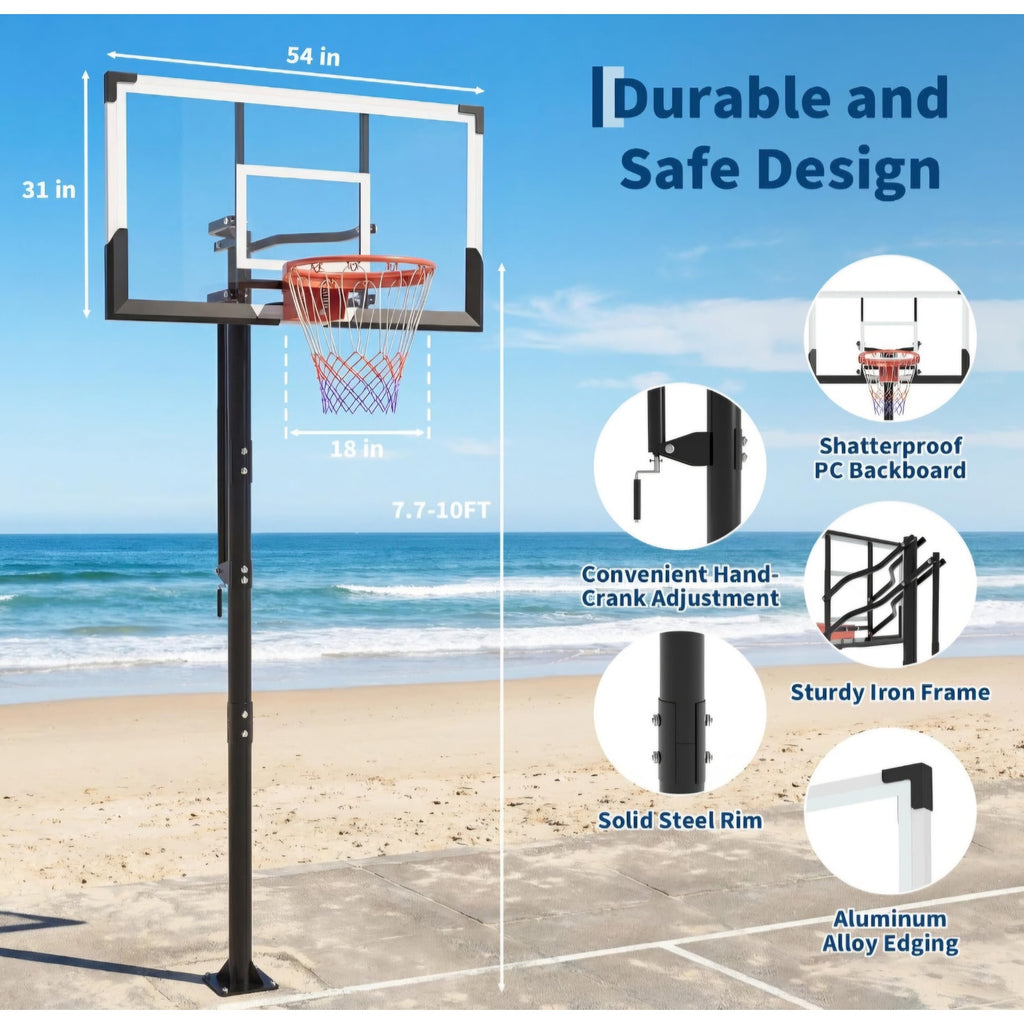 Garvee 54 Inch In Ground Basketball Hoop Outdoor 7.7-10FT Adjustable Height with Crank