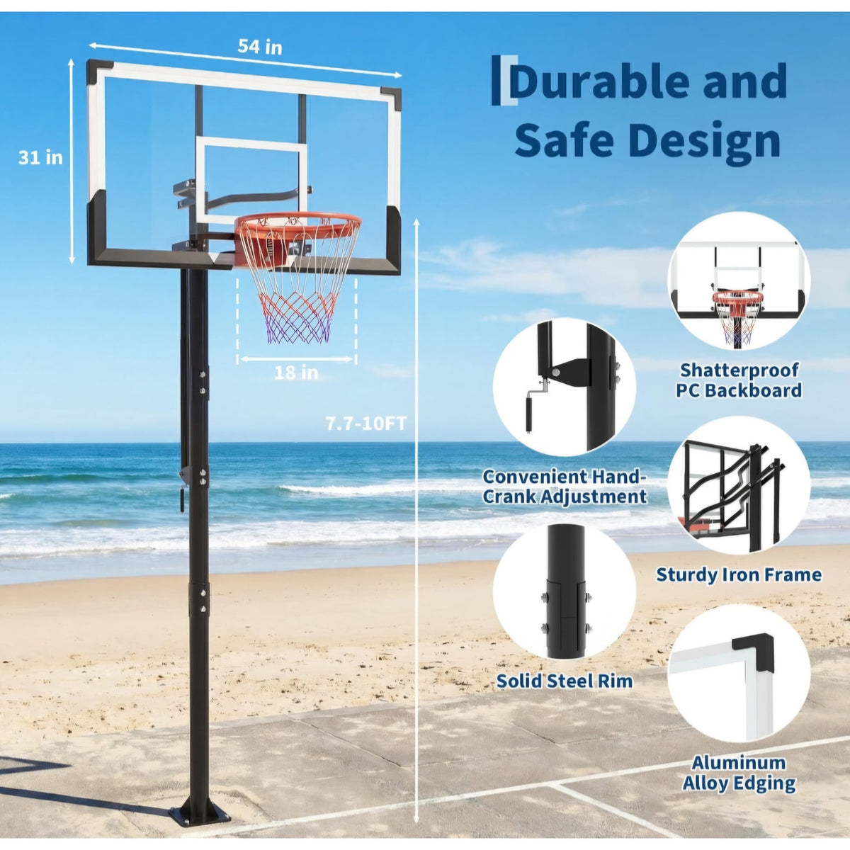 Garvee 54 Inch In Ground Basketball Hoop Outdoor 7.7-10FT Adjustable Height with Crank