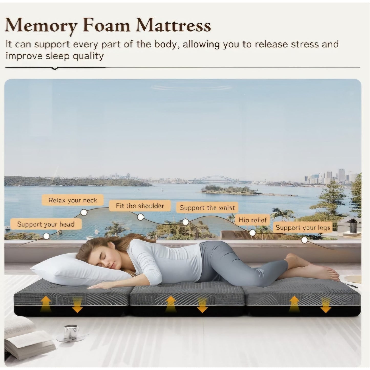 GEMBED Tri Folding Mattress Full Size - 4 Inch Foldable Floor Sofa Bed Memory Foam Tri-fold Handle
