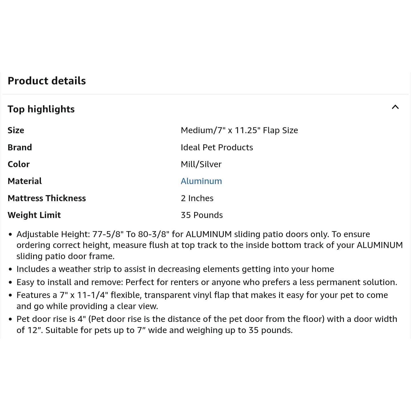 Ideal Pet Products Aluminum Pet Patio Door, Adjustable Height 77-5/8" to 80-3/8", 7" x 11-1/4"