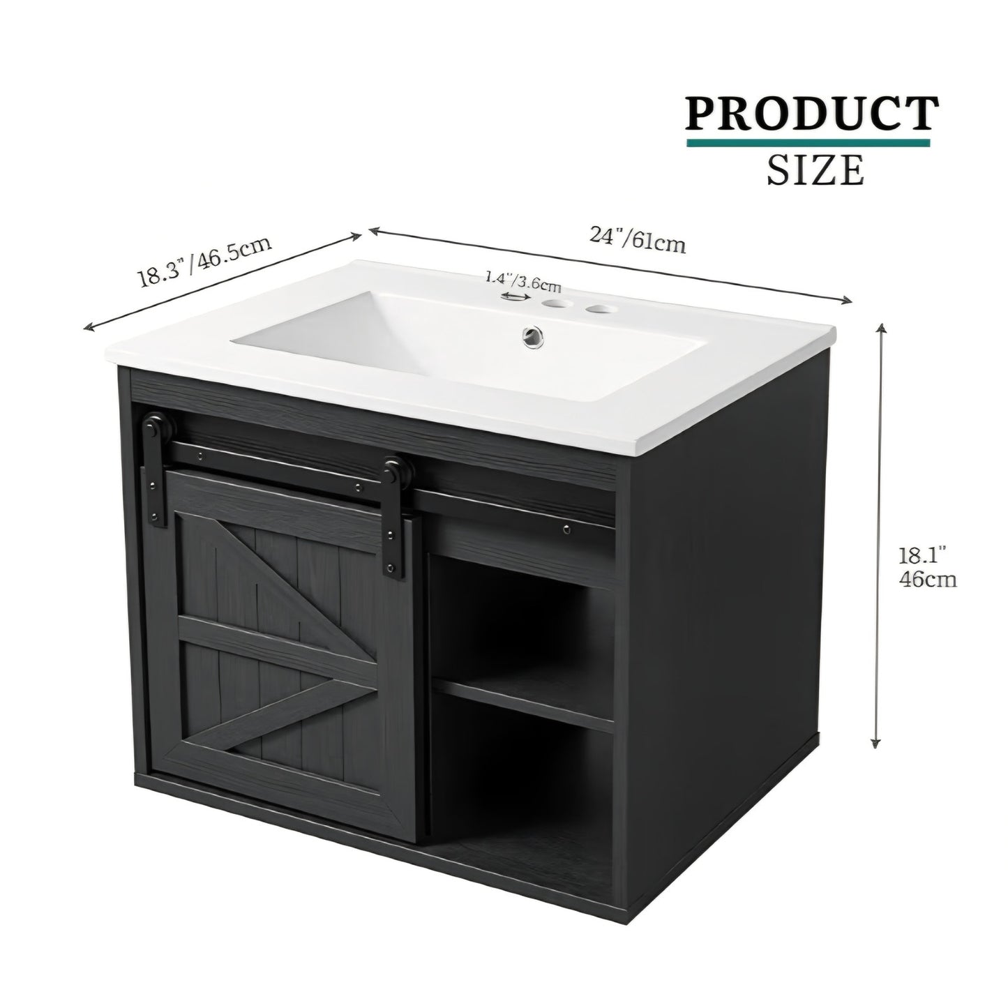 24" LED Bathroom Vanity with Sink, Farmhouse Sliding Barn Door Bathroom Cabinet