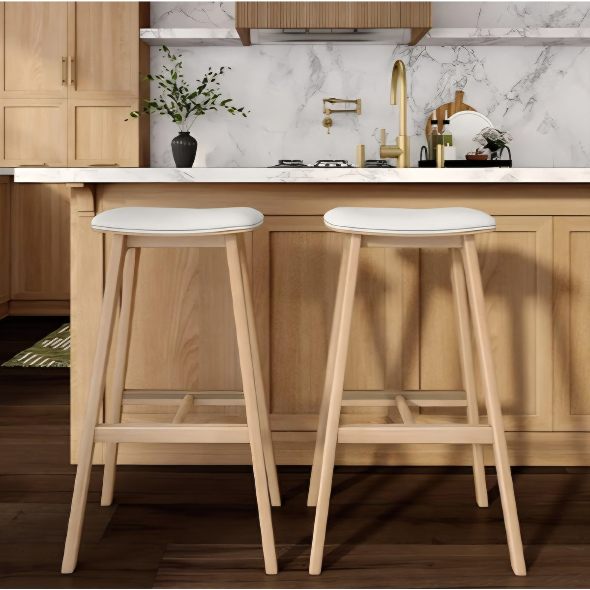 Bar Height Stool - Mid-Century Modern Rubberwood Bar Stool with Faux Leather Seat