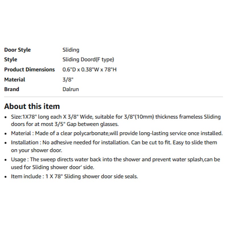 78" Sliding Shower Door Side Seal Strip for 3/8" Glass,w/ 3/5" Flip (1X78")