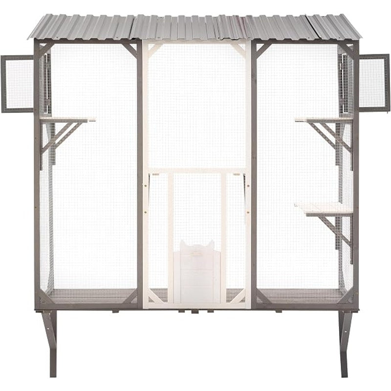 Window Mounted Cat Enclosure Outdoor Catio with 4 Platforms, Wooden, Wire Mesh, Grey & White