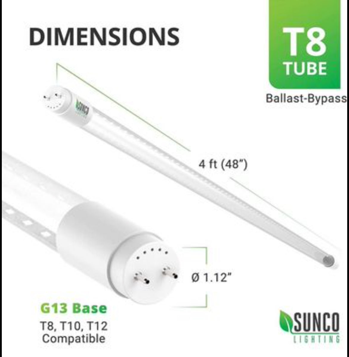 Sunco Lighting 12 Pack T8 LED 4FT Tube Light Bulbs Ballast Bypass Fluorescent Replacement, 5000K Daylight, 18W, Clear Cover, Retrofit, Single Ended Power (SEP), Commercial Grade – UL, DLC