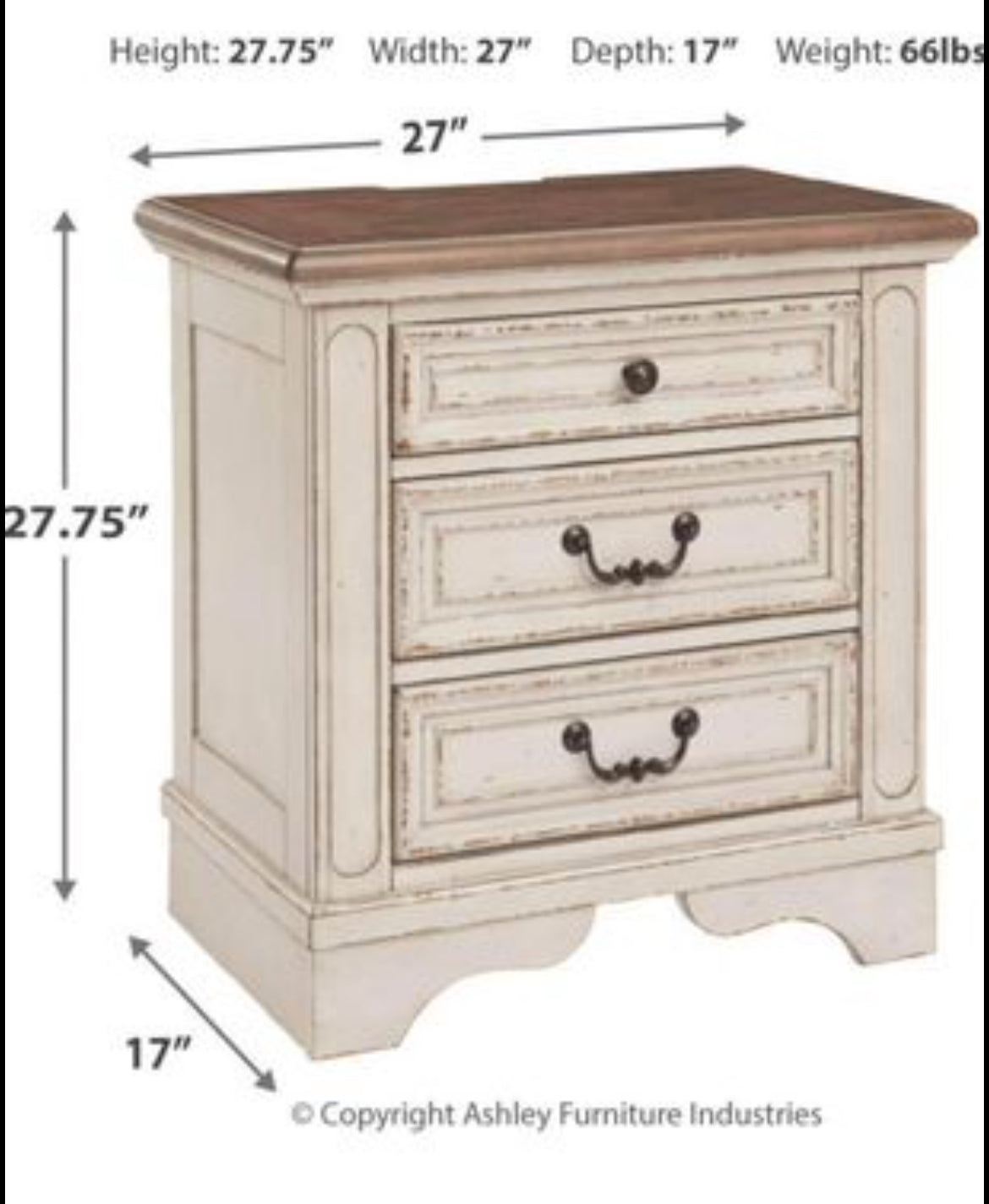 Signature Design by Ashley Realyn French Country 3 Drawer Nightstand with Electrical Outlets & USB Ports, Chipped White