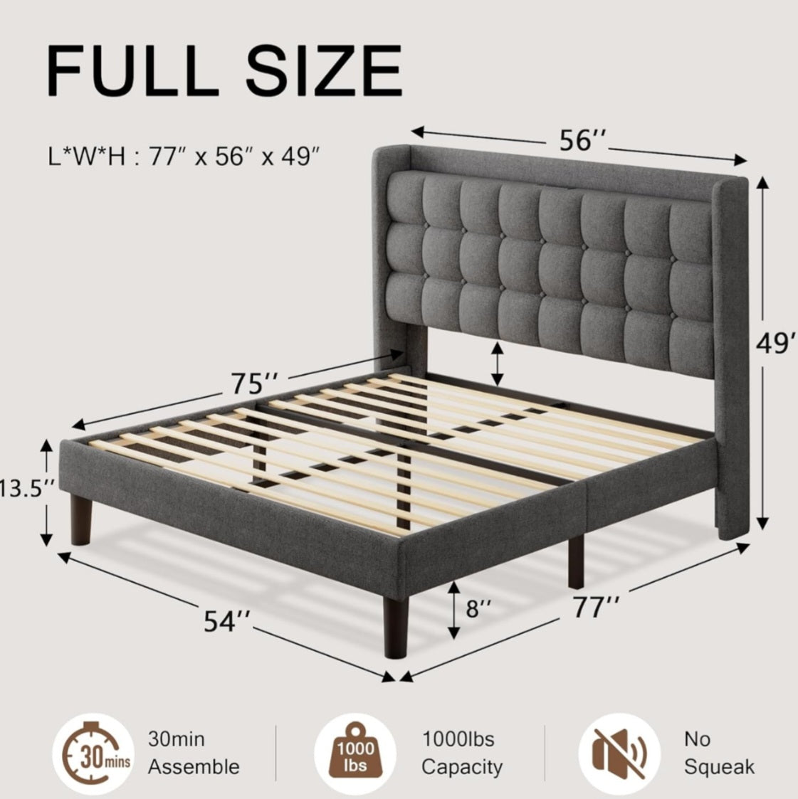 Full Size Bed Frame Drak  Grey, Upholstered Platform Bed Frame with Charging Station, Modern Wingback Storage Headboard, Solid Wood Slats Support, No Box Spring Needed, Dark Grey