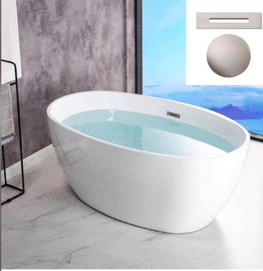 WOODBRIDGE 55 Acrylic Freestanding Bathtub Contemporary Soaking White Tub with Brushed Nickle Overflow and Drain，B1418 -B/N-Drain &O