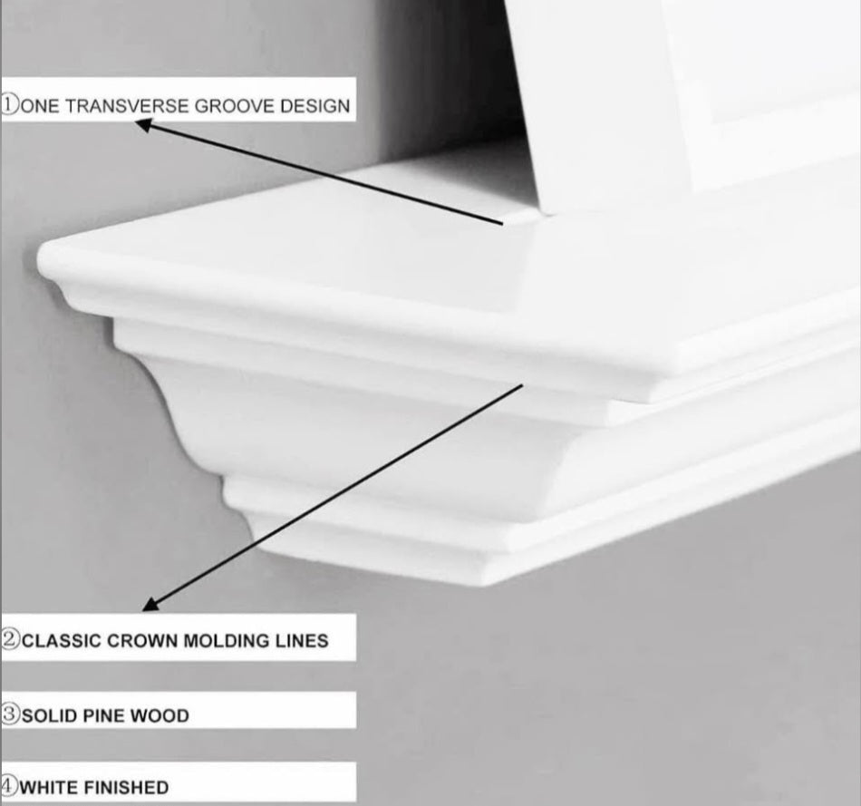 WELLAND White Finished 48 inch Pine Wood Fireplace Mantel Shelf Wall Mounted,Corona Crown Molding Floating Wall Picture Ledge Shelves