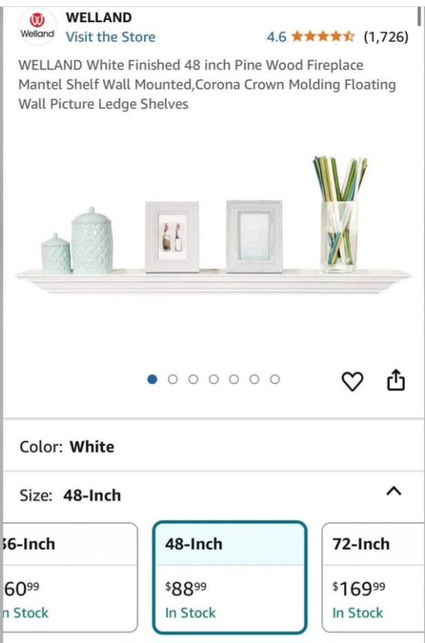 WELLAND White Finished 48 inch Pine Wood Fireplace Mantel Shelf Wall Mounted,Corona Crown Molding Floating Wall Picture Ledge Shelves