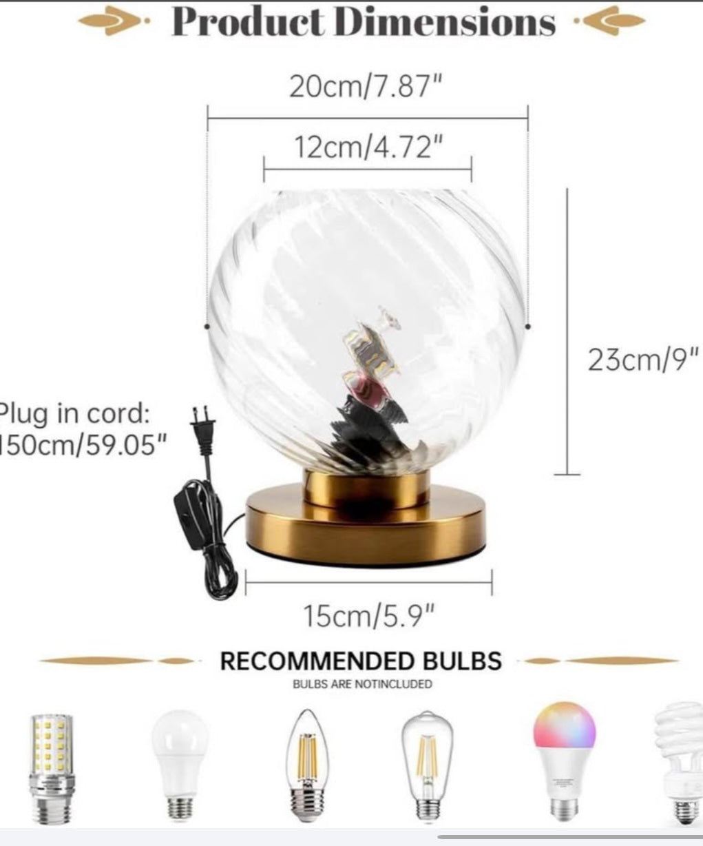 Mid Century Table Lamp Gold Metal Bedside Desk Lamp with Clear Ribbed Glass Shade, Plug-in Glass Globe Table Lamps for Office Studyroom
