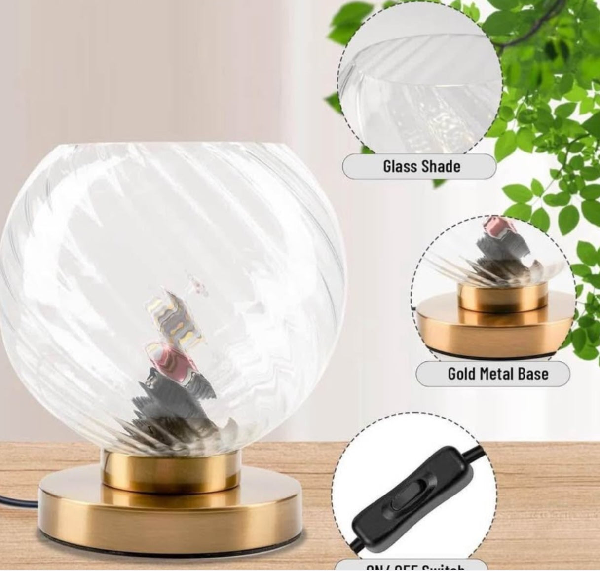 Mid Century Table Lamp Gold Metal Bedside Desk Lamp with Clear Ribbed Glass Shade, Plug-in Glass Globe Table Lamps for Office Studyroom