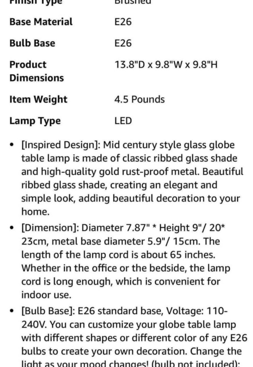 Mid Century Table Lamp Gold Metal Bedside Desk Lamp with Clear Ribbed Glass Shade, Plug-in Glass Globe Table Lamps for Office Studyroom