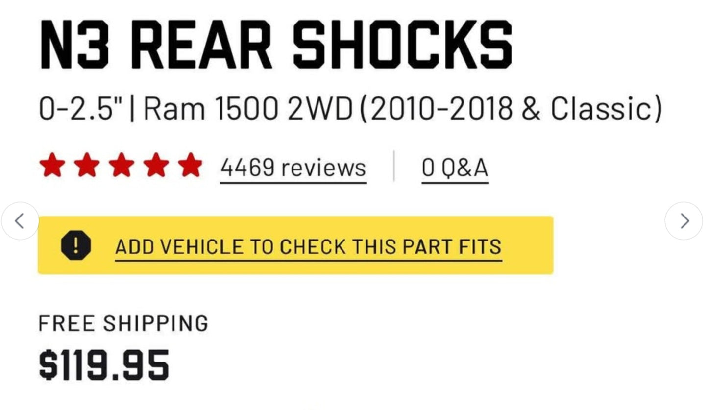 N3 Rear Shocks 0-2.5" | Ram 1500 2WD (2010-2018 &amp; Classic)