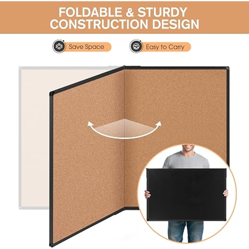 Cork Board Bulletin 36x48, Foldable Notice, for Wall, Black Al Framed 4x3 Corkboard,  36 Push Pins
