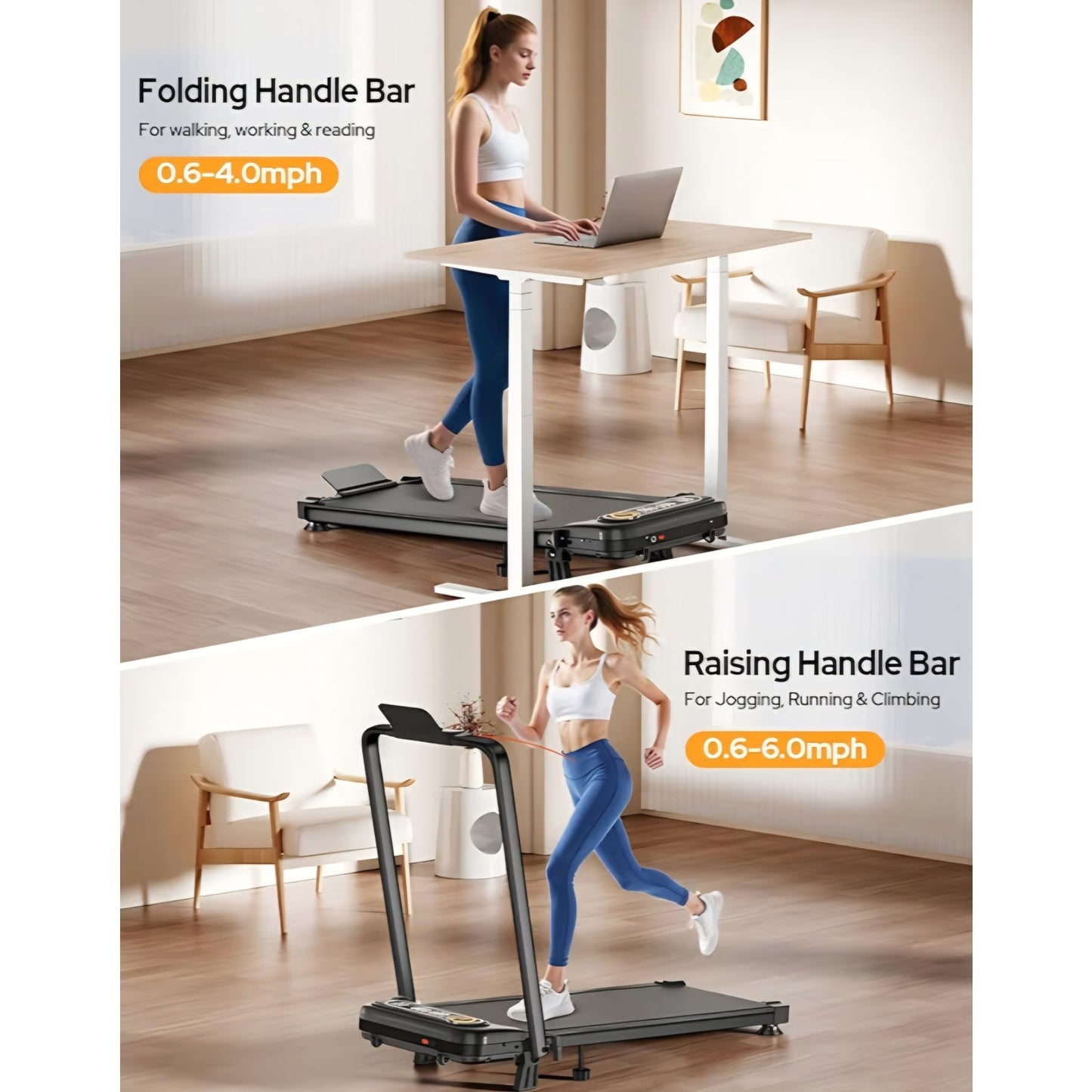 Foldable Treadmill with 10% Incline, Upgrade 3.5HP Low Noise Walking Pad Treadmill with Handle Bar