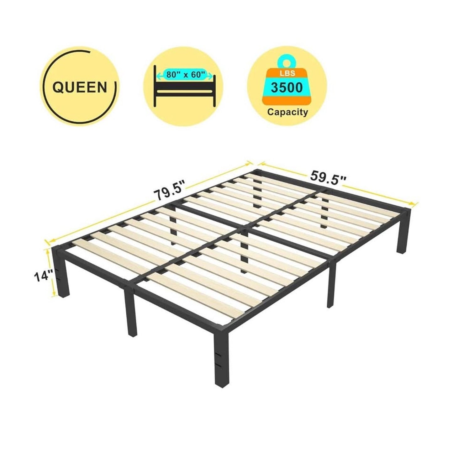 ROIL 14 inch Queen Size Bed Frame with Wood Slats - 3500lbs Heavy Duty No Box Spring Needed Platform