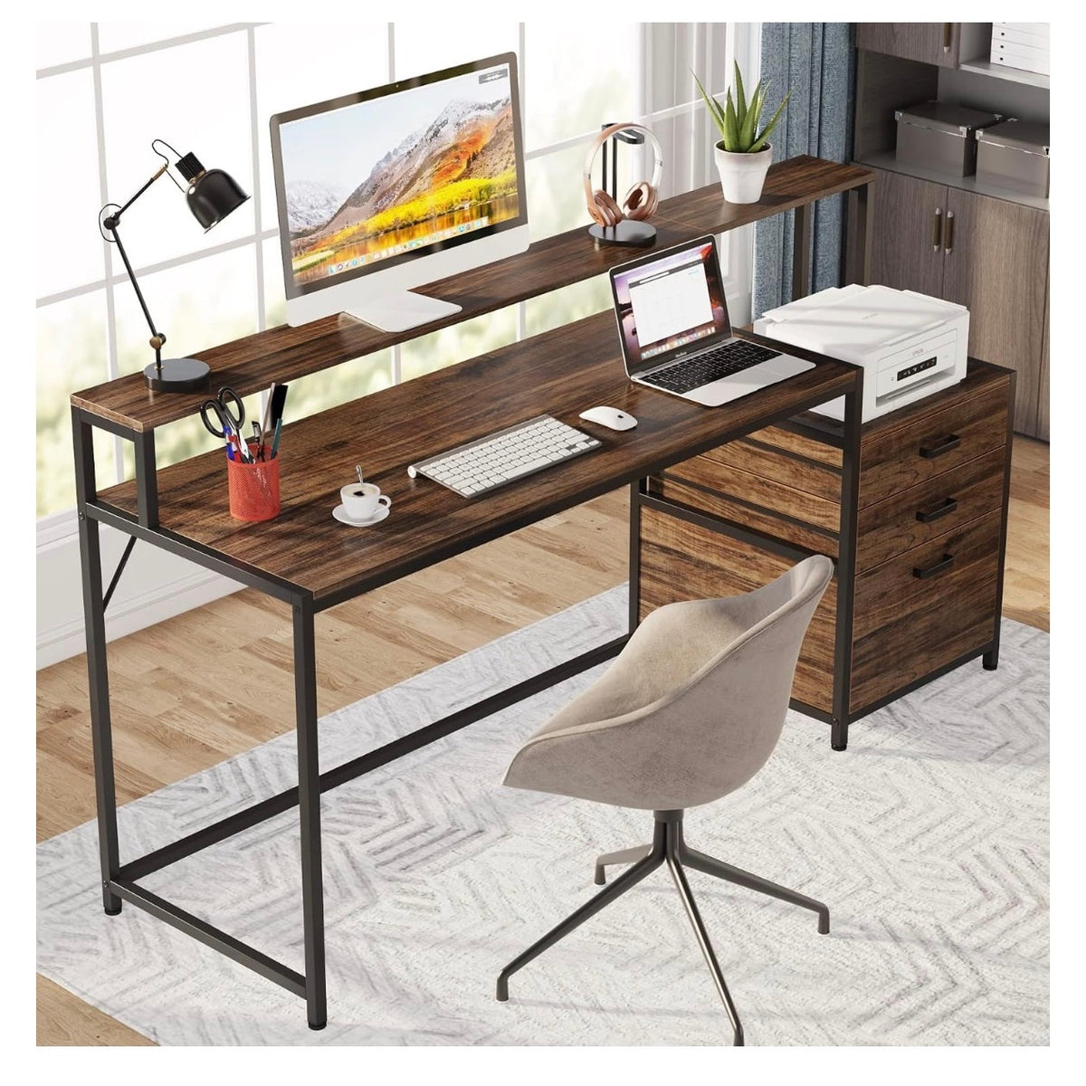 Tribesigns 63 Inch Computer Desk with File Drawer Cabinet, Ergonomic Desk