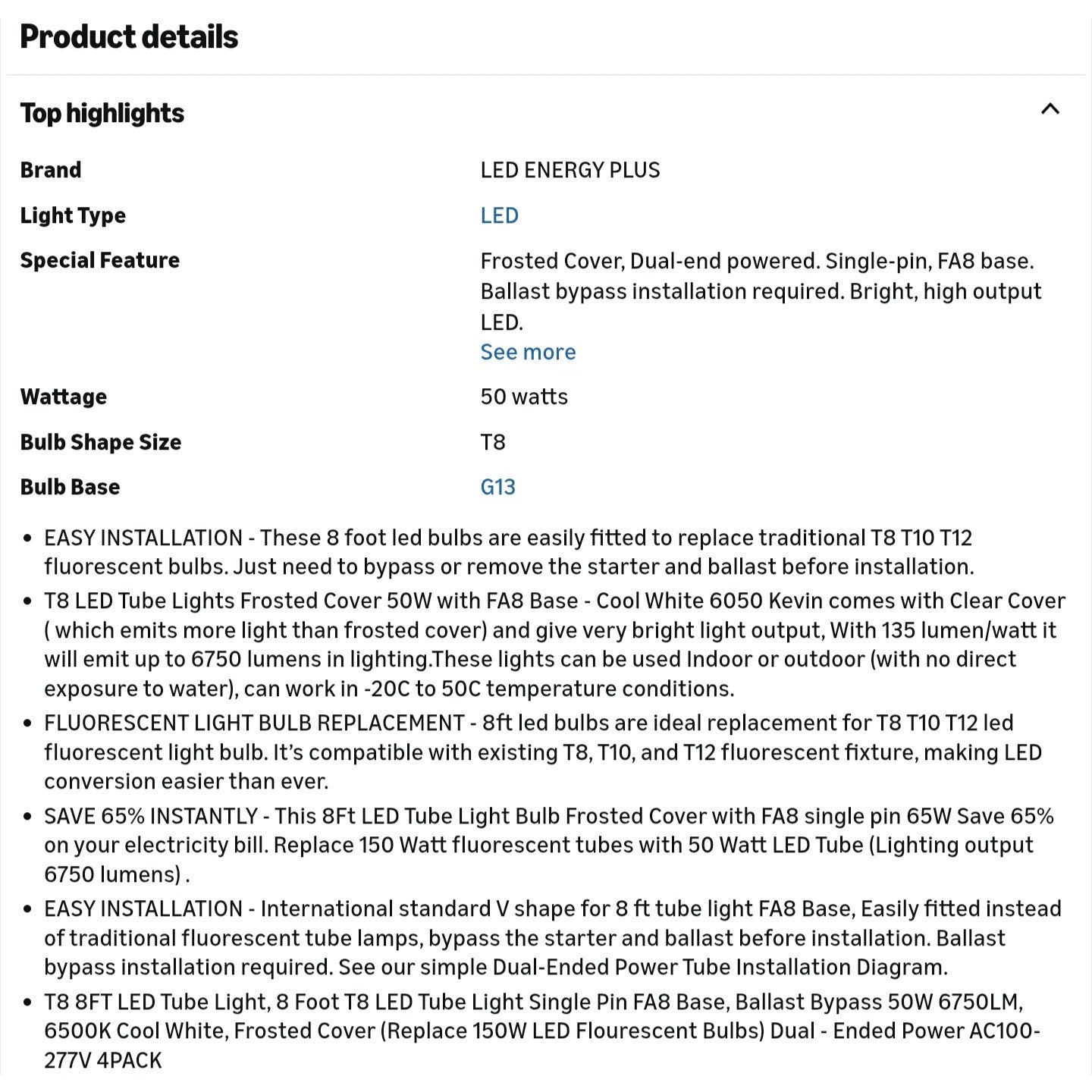 Tube Light,8 Foot T8 LED Tube Light Single Pin FA8 Base, Ballast Bypass 50W 6750LM,6500K Cool White
