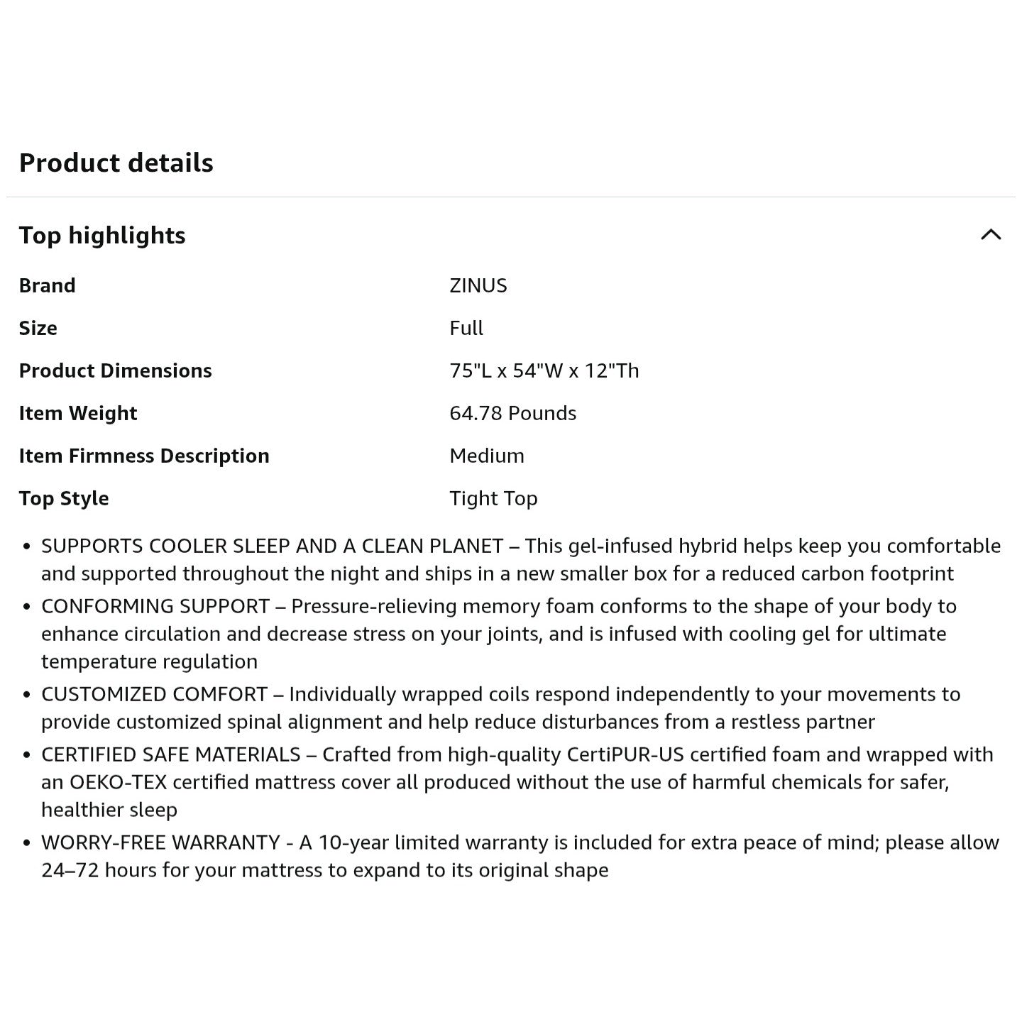 ZINUS 12 Inch Cooling Comfort Support Hybrid Mattress [New Version], Full, Fiberglass Free, Medium