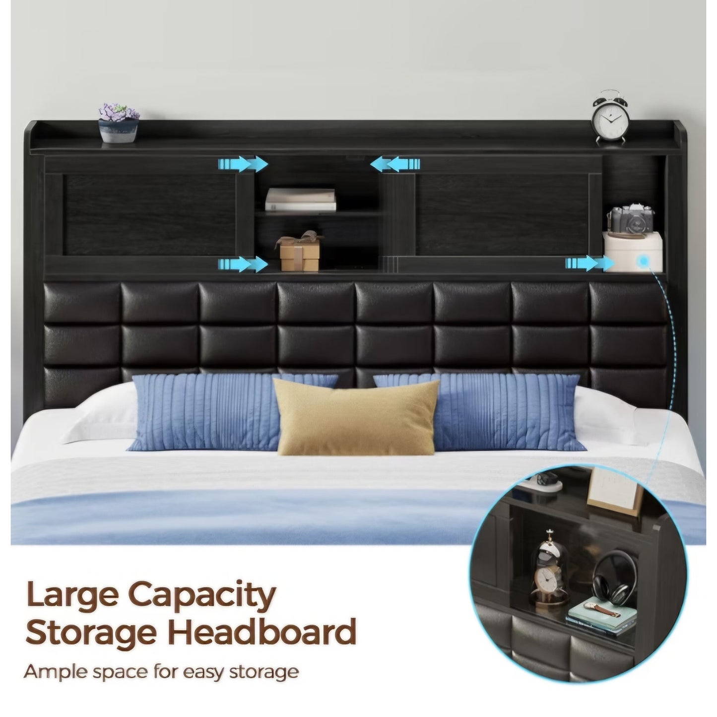 Rolanstar Bed Frame Full Size with Charging Station, Bookcase Headboard Bed with LED Light