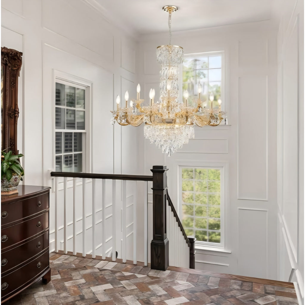 Gold Crystal Contemporary Chandelier Foyer Entryway Lighting, 2-Tier Large Foyer