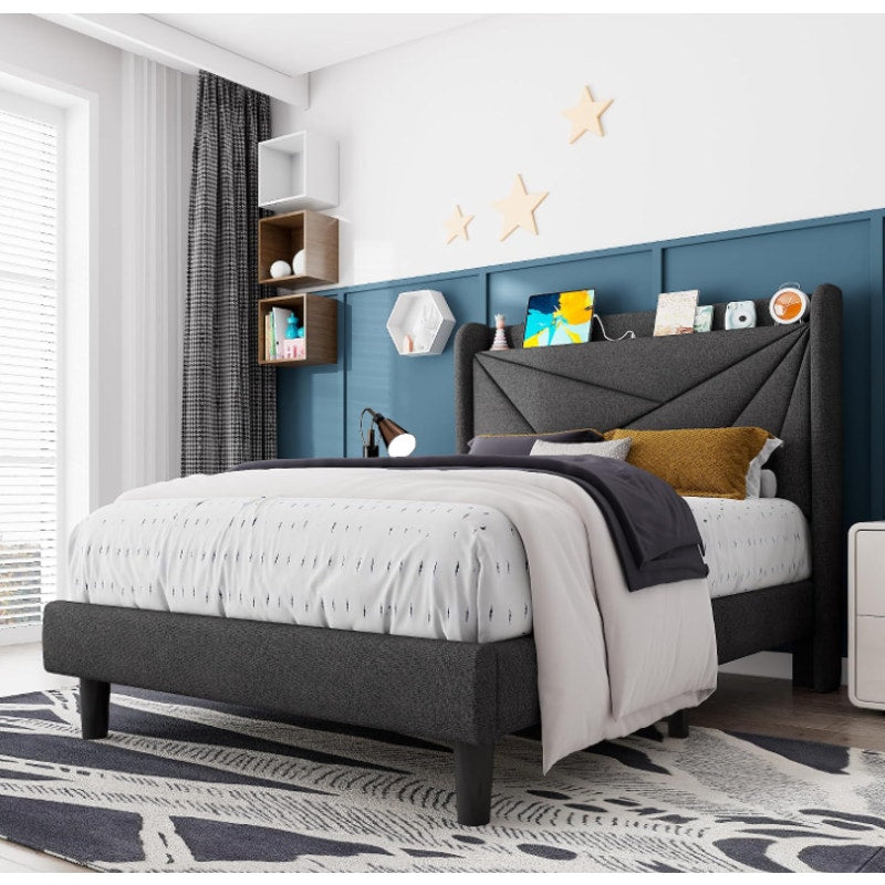 Feonase Twin Size Bed Frame with Charging Station, Upholstered Linen Platform Bed Frame