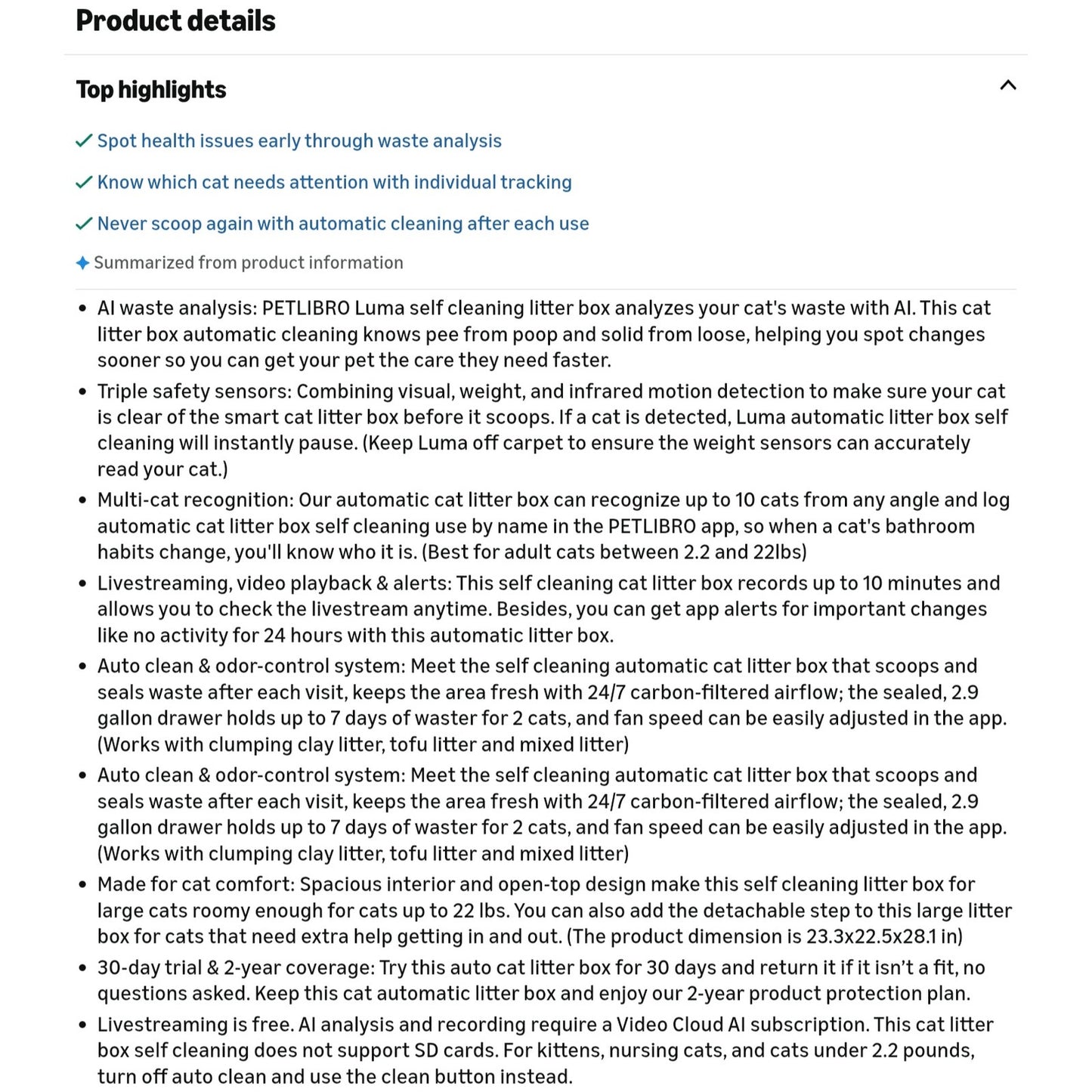 Luma Automatic Cat Litter Box AI-Camera Waste Analysis, Auto Odor-Control Self Cleaning Cat