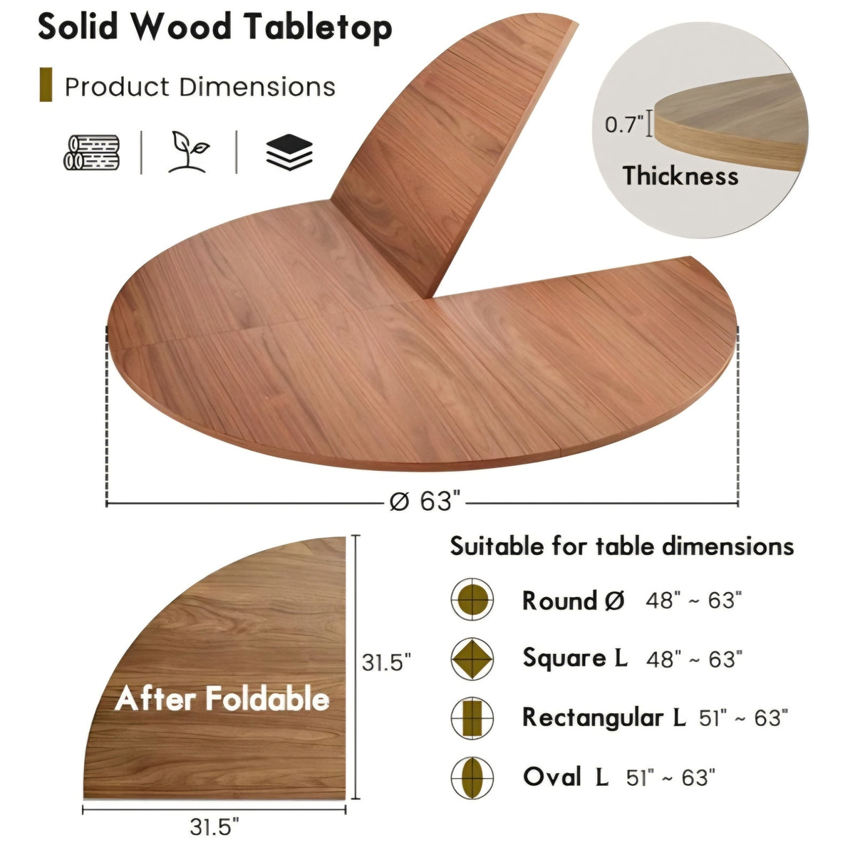 Round Folding Table Top Extender 48/55/59/63/71/79" Solid Wood Table Extension For Dining Table