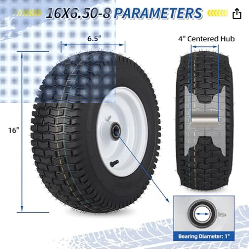 GICOOL 16x6.50-8 Tubeless Tire and Wheel, 【1" Bearing, 4" Centered Hub】,16x6.5-8" Lawn Mower Tires