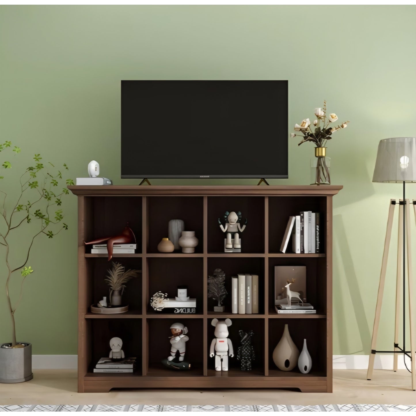 Cube Shelf Bookcase with Base - Wooden 3 Tiers Floor Standing Low Storage Cabinet for Home