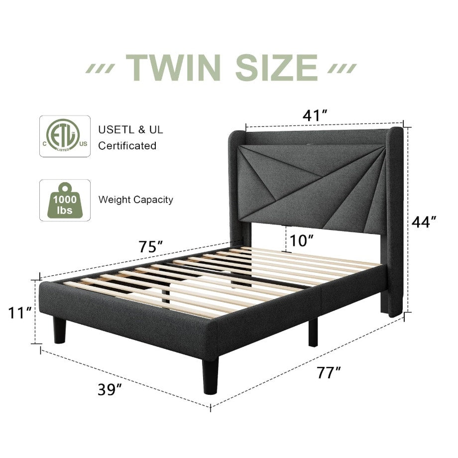 Feonase Twin Size Bed Frame with Charging Station, Upholstered Linen Platform Bed Frame