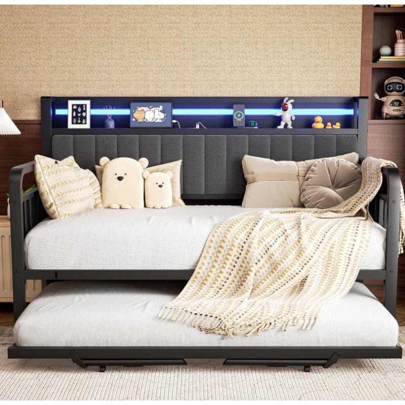 Heavy Duty Metal Twin Bed Frame with Upholstered Storage Headboard & Charging Station