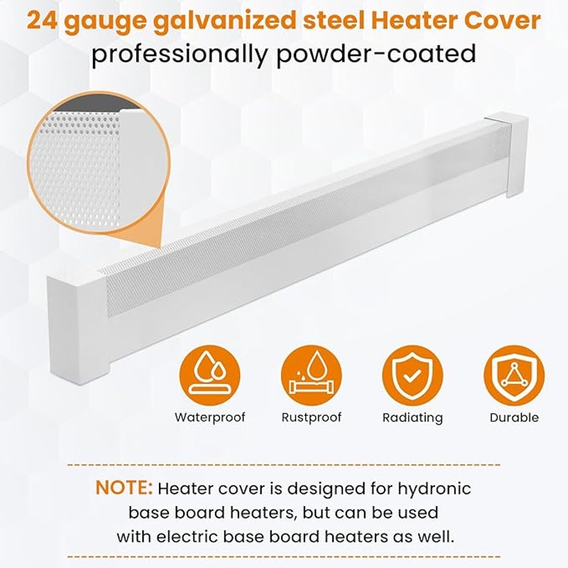 Upgraded 5 FT Baseboard Heater Cover with Left and Right Endcaps, Galvanized Steel, white